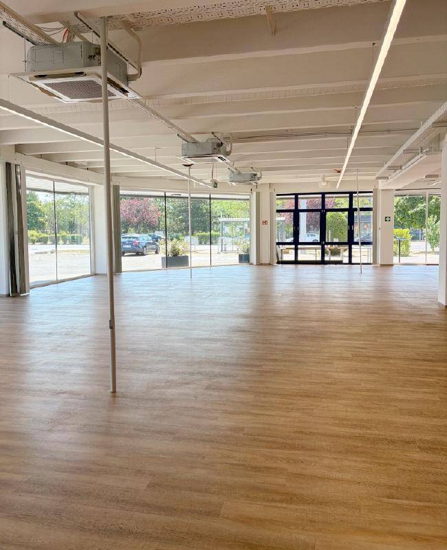 Weitläufiger Gewerberaum mit großen Fensterfronten, die den Blick auf den Außenbereich freigeben und viel Licht spenden.