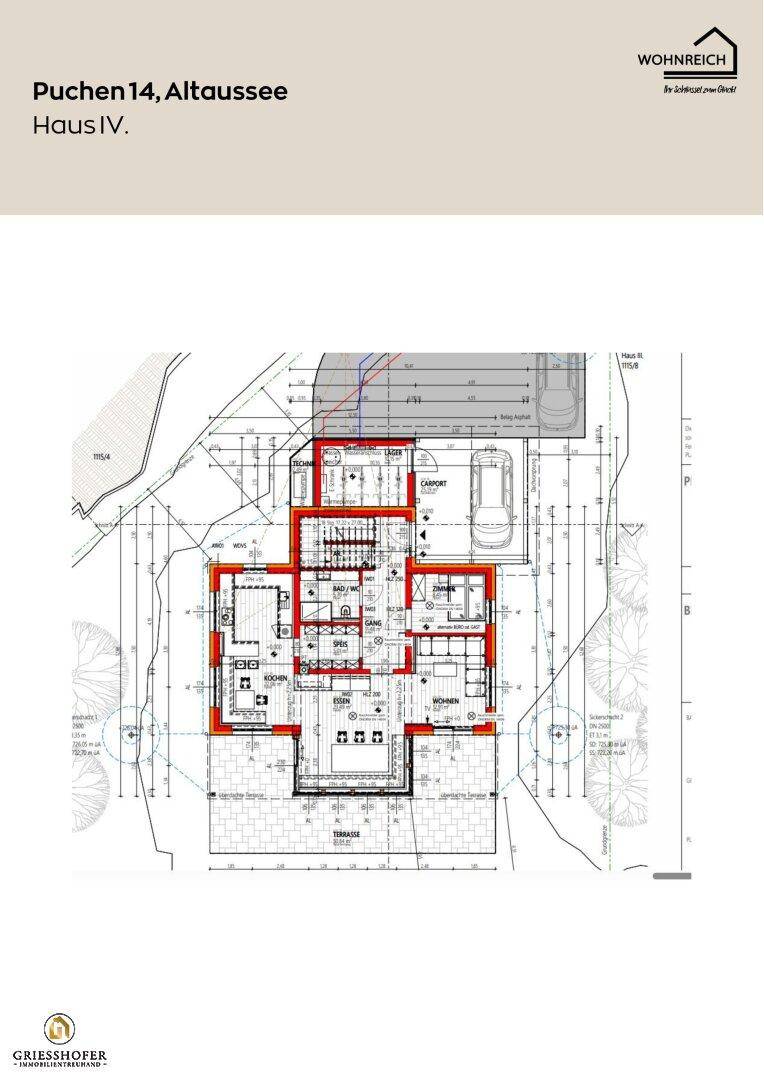 Grundriss des Erdgeschosses von Haus IV mit Carport, Terrasse und offenem Wohnbereich.
