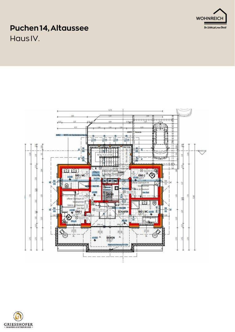 Grundriss des Obergeschosses von Haus IV mit Schlafzimmern, Bädern und Balkonzugang.