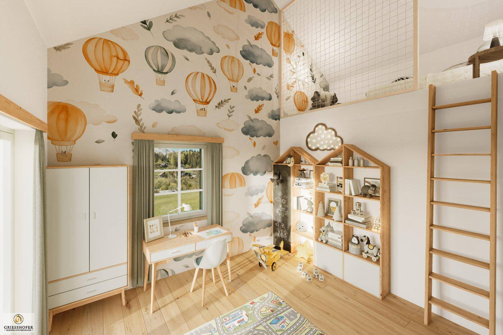 Kinderzimmer mit verspielter Tapete, Hochbett und Schreibtisch, ideal für junge Bewohner.