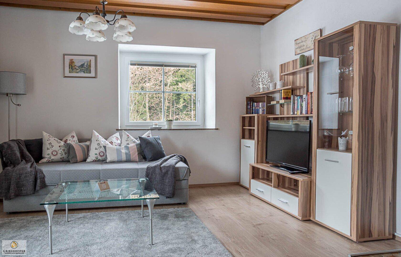 Helles Wohnzimmer mit gemütlichem Sofa, modernem TV-Möbel und Blick ins Grüne.