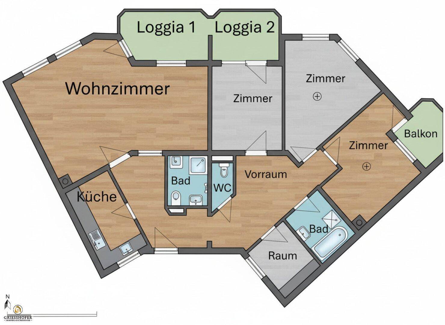 Grundriss einer Wohnung mit Wohnzimmer, Küche, drei Zimmern, zwei Bädern, separatem WC, zwei Loggien und einem Balkon.