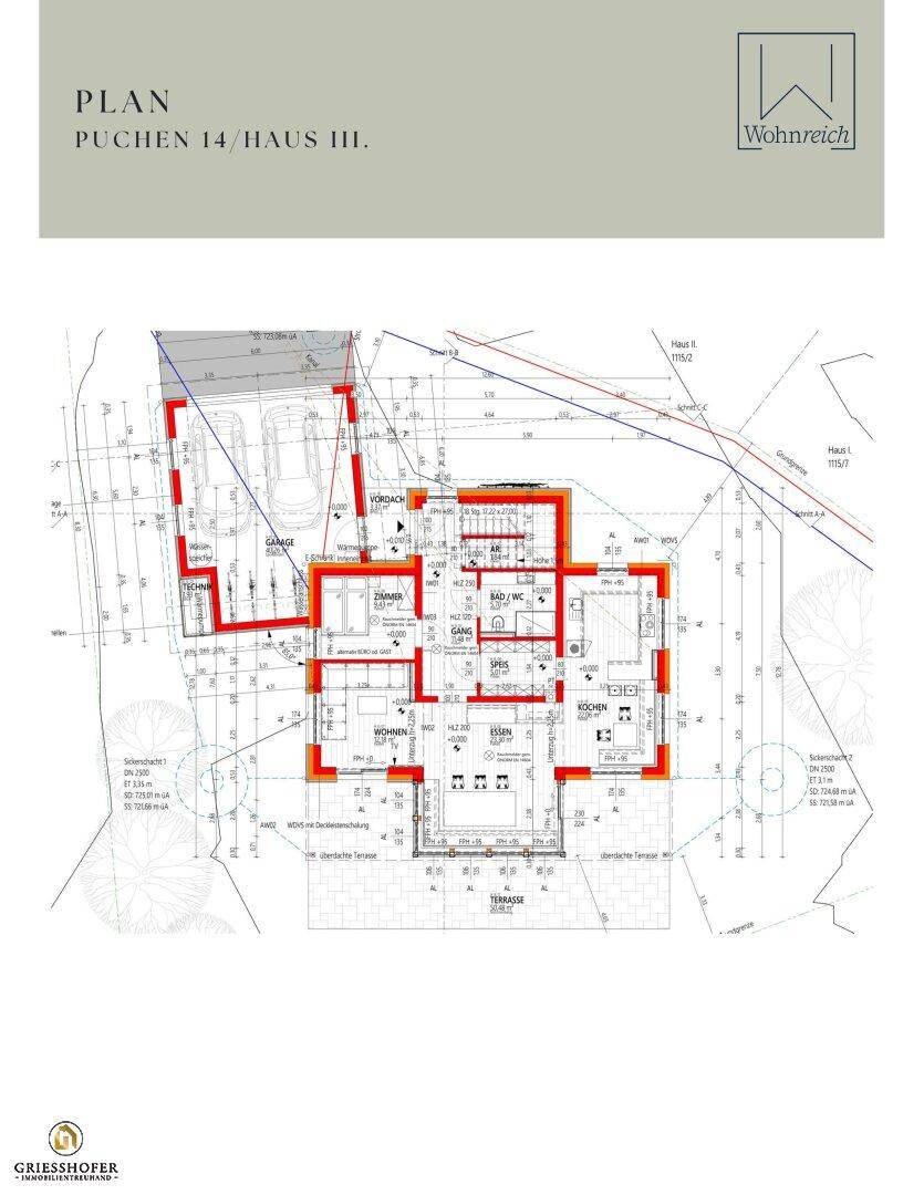 Grundrissplan des Erdgeschosses von Haus III mit Wohn-, Ess- und Kochbereich sowie Garage und Terrasse.