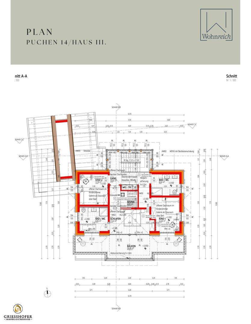 Grundrissplan des Obergeschosses von Haus III mit Schlafzimmern, Bädern, Sauna und Balkon.