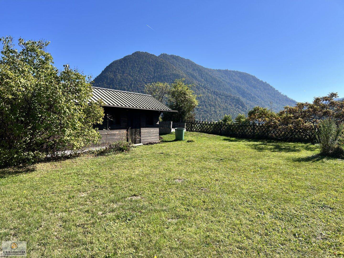 Grüner Gartenbereich mit einem kleinen Holzschuppen und majestätischem Bergblick.