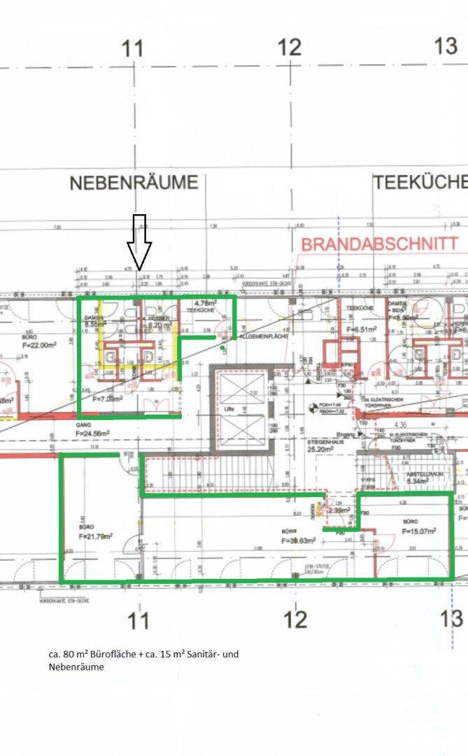Detaillierter Grundrissplan mit Bürobereichen, Sanitäranlagen und Nebenräumen, inklusive Brandabschnitt.