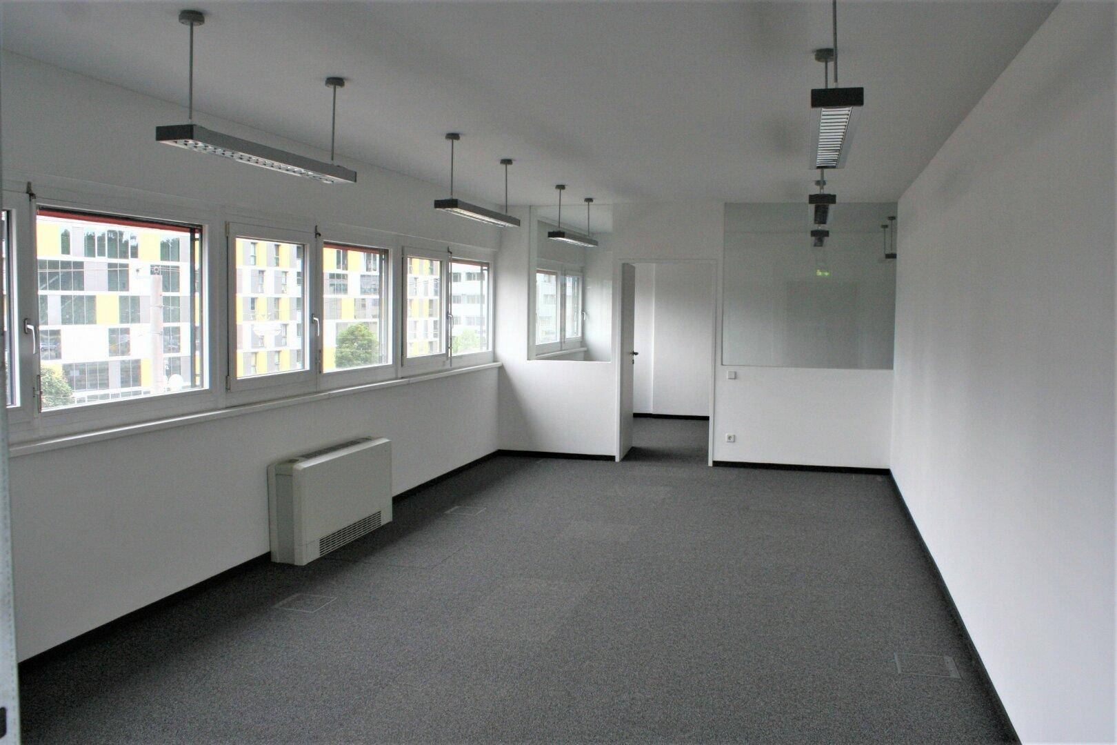 Heller Büroraum mit grauem Teppichboden, vielen Fenstern und moderner Deckenbeleuchtung, ideal für Arbeitsplätze.