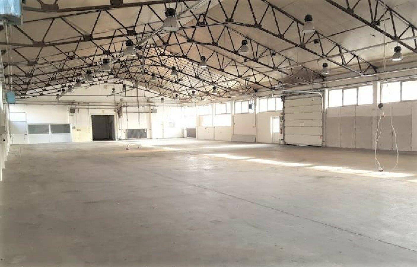 Weitläufige Industriehalle mit sichtbarer Dachkonstruktion, Betonboden und heller Ausleuchtung.