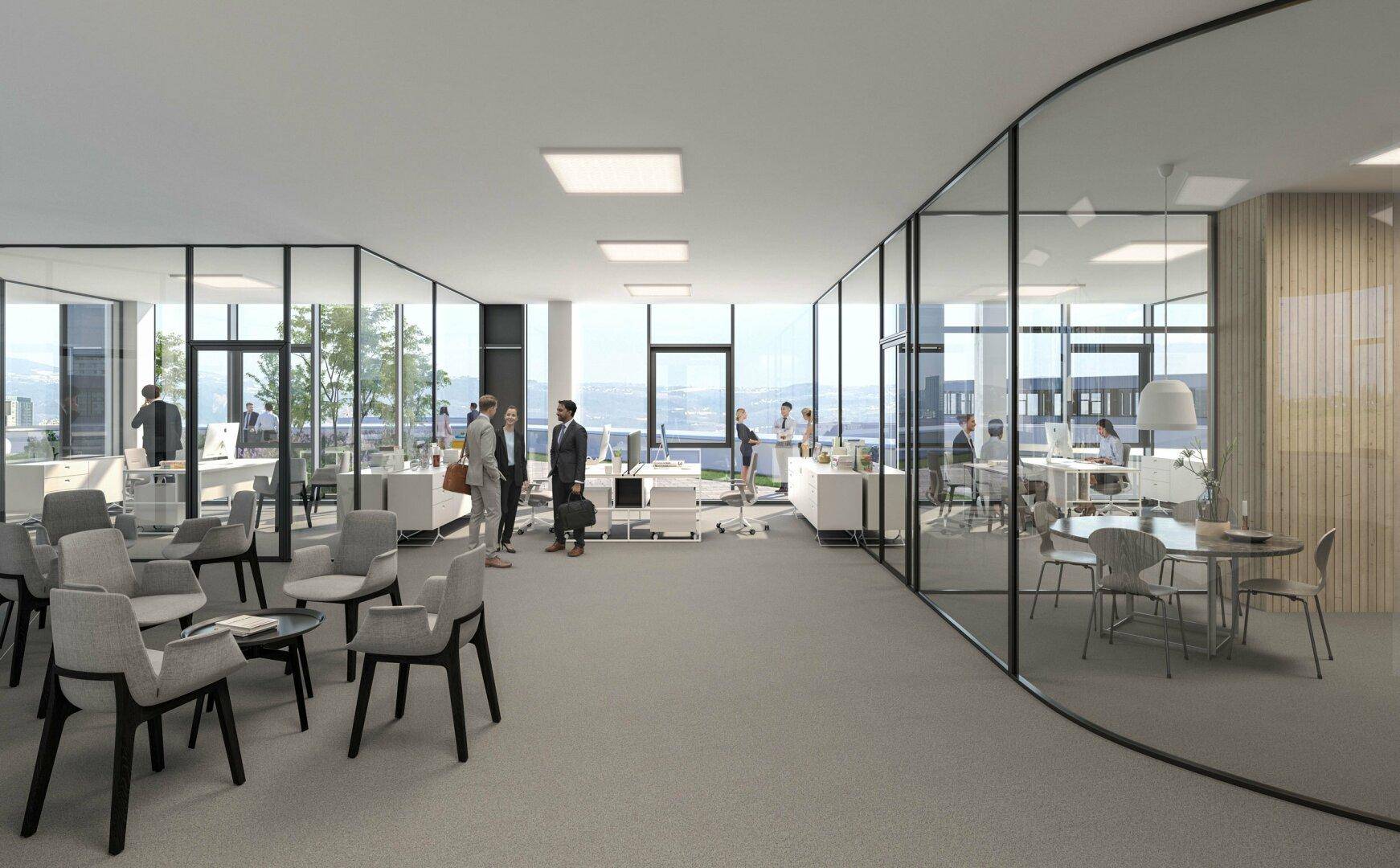 Modernes Großraumbüro mit Glaswänden, Besprechungsbereichen und viel Tageslicht, ideal für kollaboratives Arbeiten.