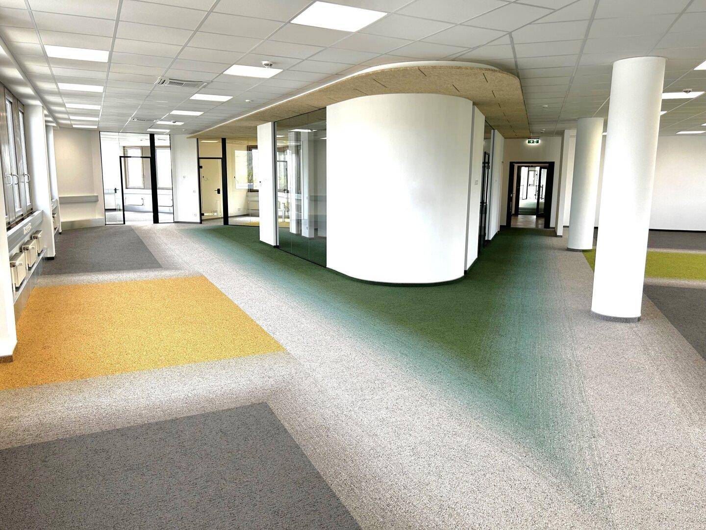 Großer, offener Bürobereich mit farbigen Teppichzonen und modernen Säulen, ideal für kreative Arbeitsbereiche.