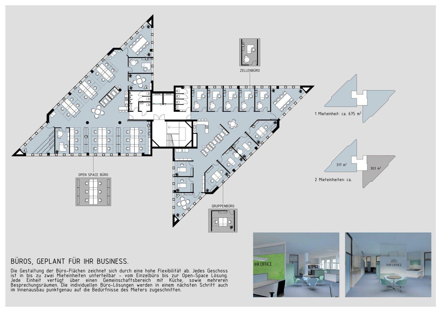 Detaillierter Büro-Grundriss mit Möblierungsvorschlägen und flexiblen Mieteinheiten, inklusive Visualisierungen.