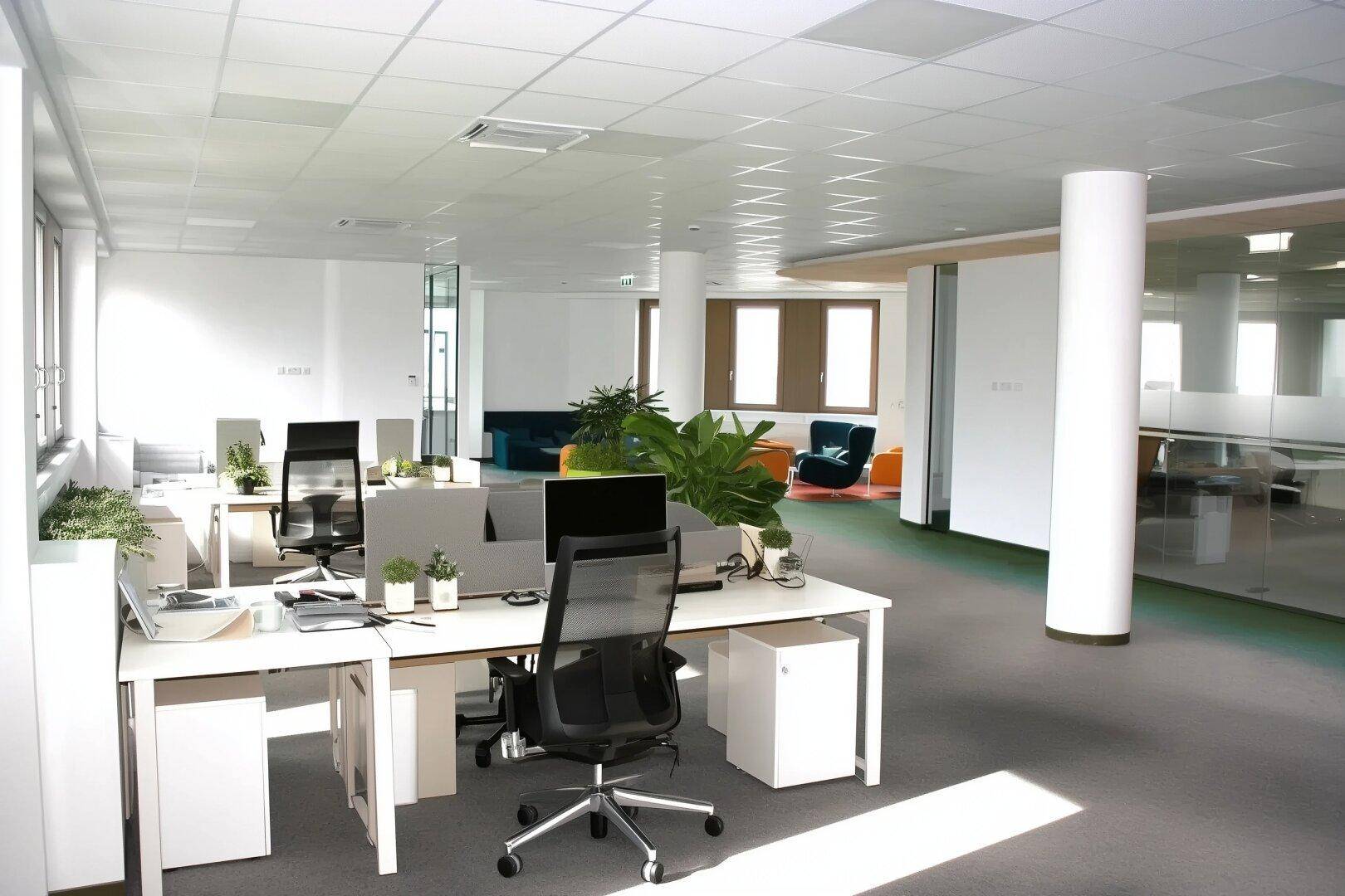 Helles, modernes Großraumbüro mit mehreren Arbeitsplätzen, Pflanzen und Lounge-Bereichen, ausgestattet mit Teppichboden und großen Fenstern.