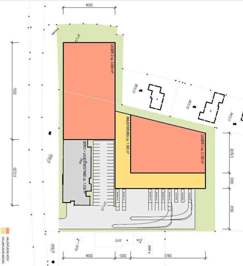 Detaillierter Lageplan des Gewerbeareals mit Lager-, Büro- und Anlieferbereichen sowie zahlreichen Parkmöglichkeiten.