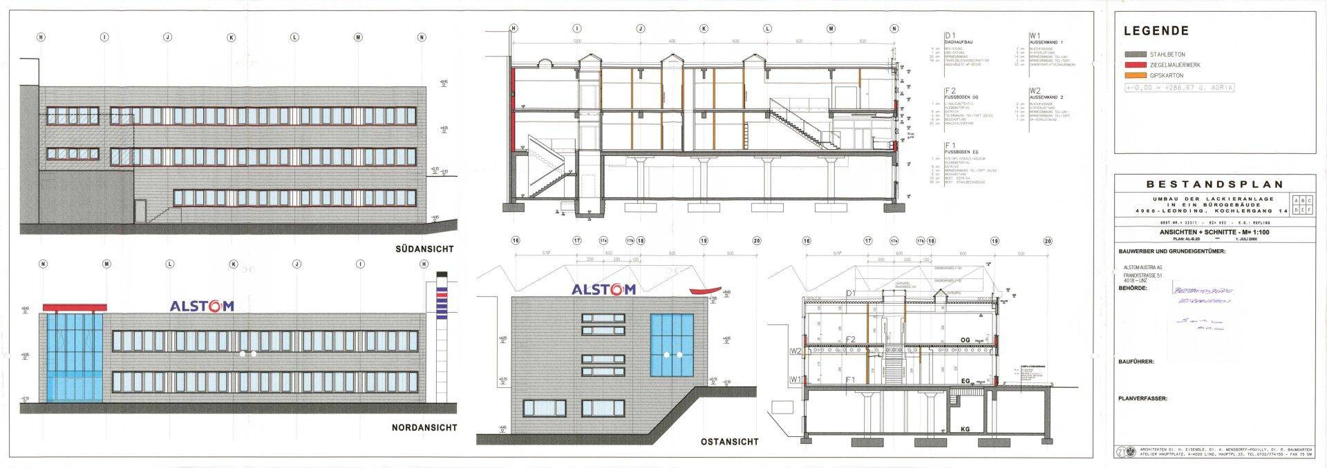 Architektonische Ansichten und Schnitte des Gebäudes, die die Fassadengestaltung und interne Struktur zeigen.