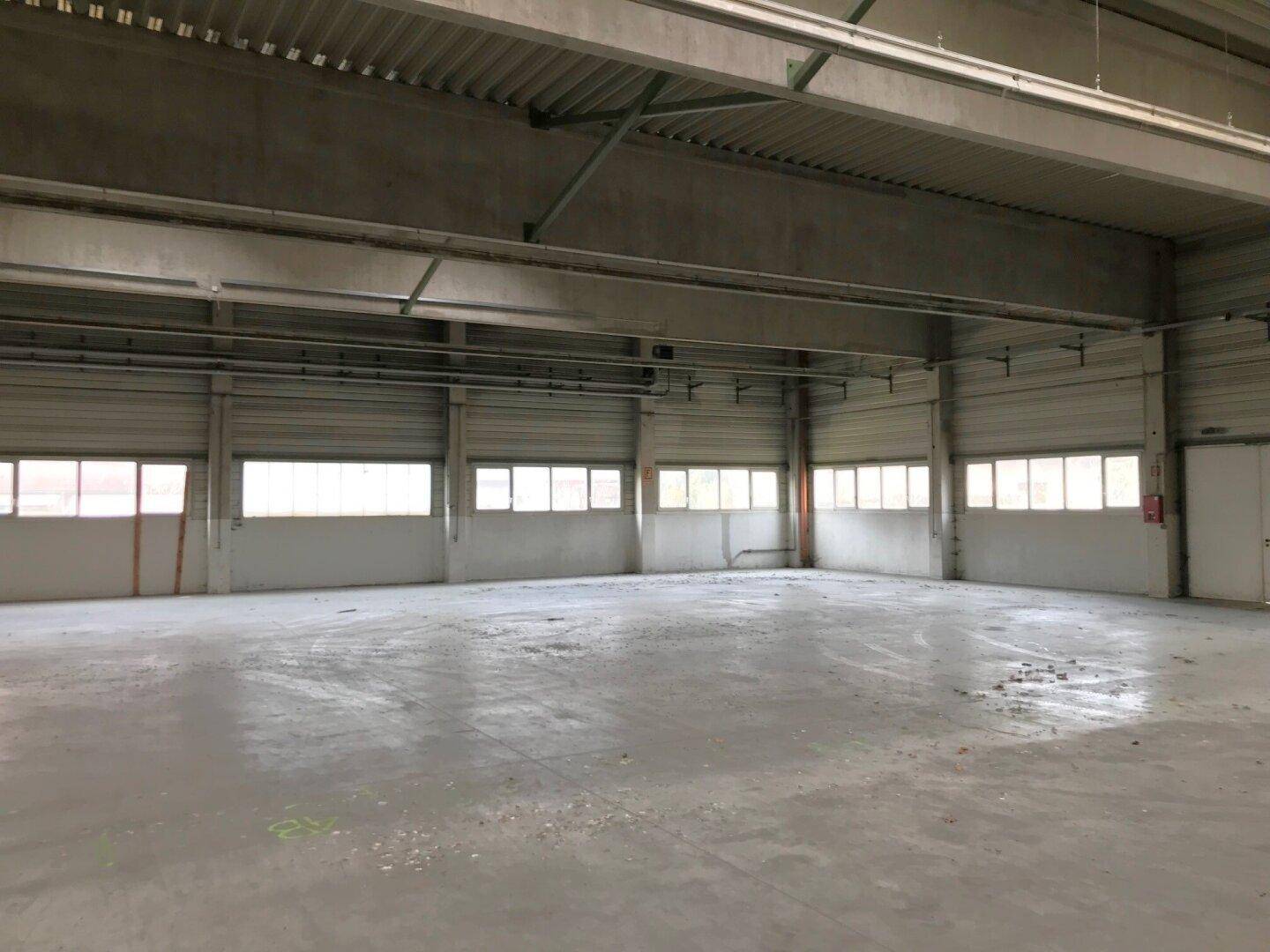 Helle, leere Lagerhalle mit vielen Fenstern, hohen Decken und einem weitläufigen Betonboden.