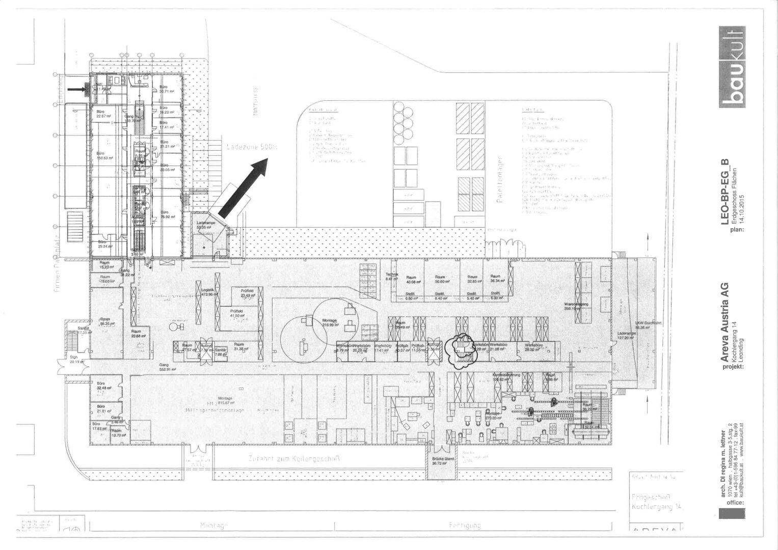 Detaillierter Grundriss eines großen Industrieareals mit verschiedenen Funktionsbereichen und technischen Details.