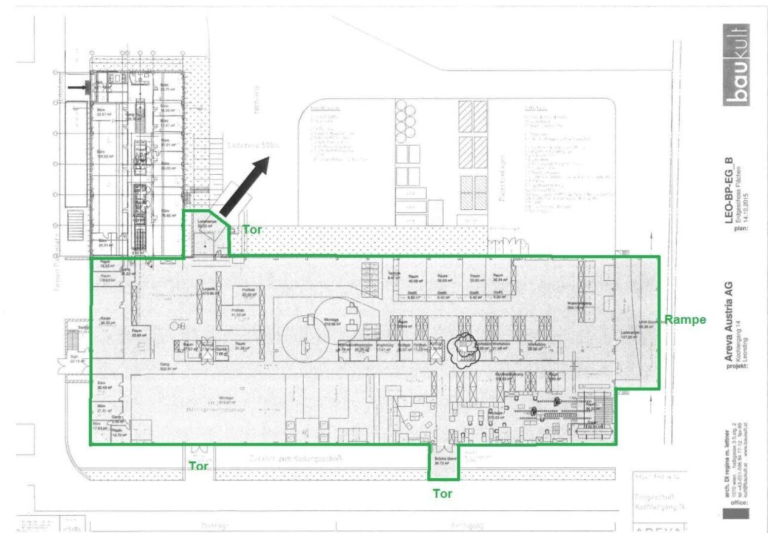 Detaillierter Grundriss eines Industriegebäudes mit verschiedenen Bereichen und Rampenzugang.