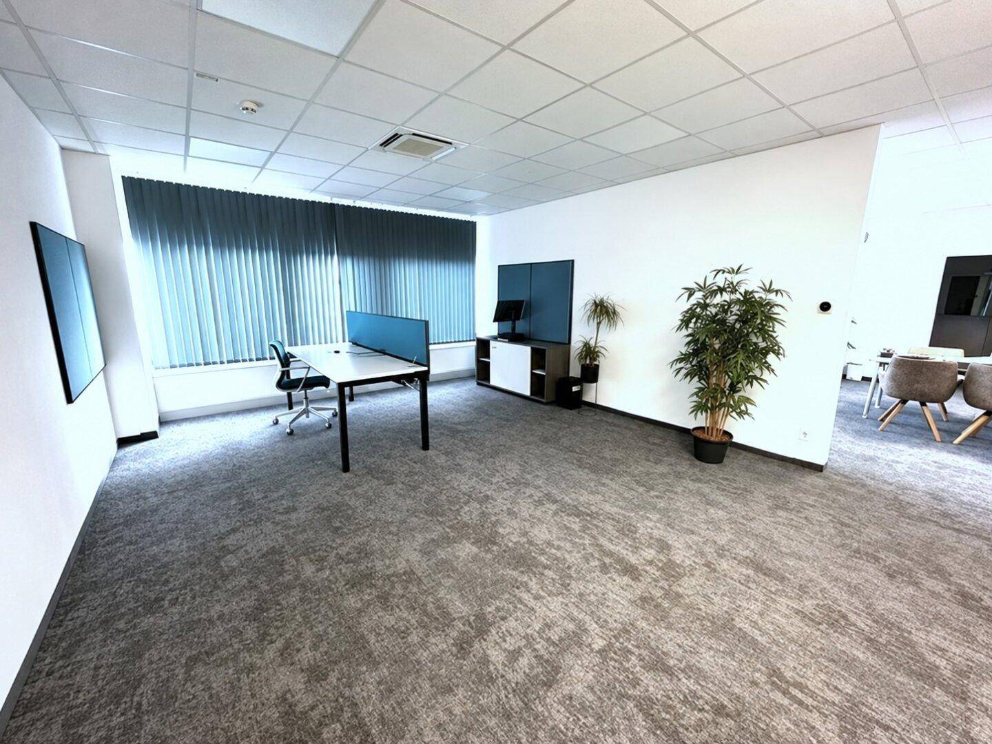Geräumiges, modernes Büro mit grauem Teppichboden, großen Fenstern und minimalistischer Einrichtung für Arbeitsplätze.