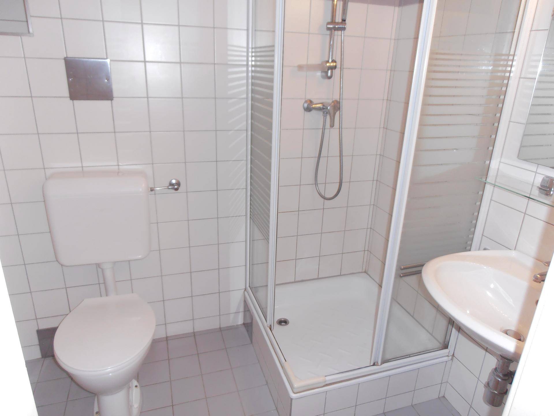 Badezimmer mit Duschkabine, WC und weißen Wand- und Bodenfliesen.