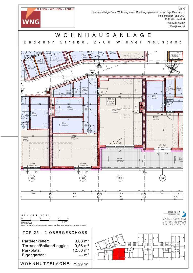 Grundriss des 2. Obergeschosses einer Wohnung in Wiener Neustadt, zeigt eine Wohnnutzfläche von 75,29 m² mit Balkon.