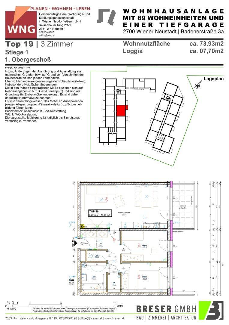 Grundriss einer 3-Zimmer-Wohnung mit Loggia, offenem Wohnbereich und zwei Bädern.