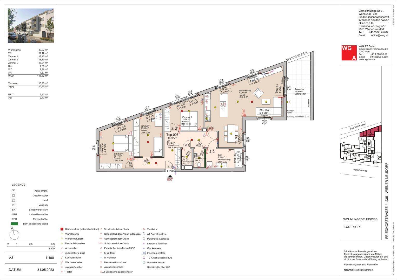 Detaillierter Grundriss einer Wohnung im Dachgeschoss mit mehreren Zimmern und einer Terrasse.