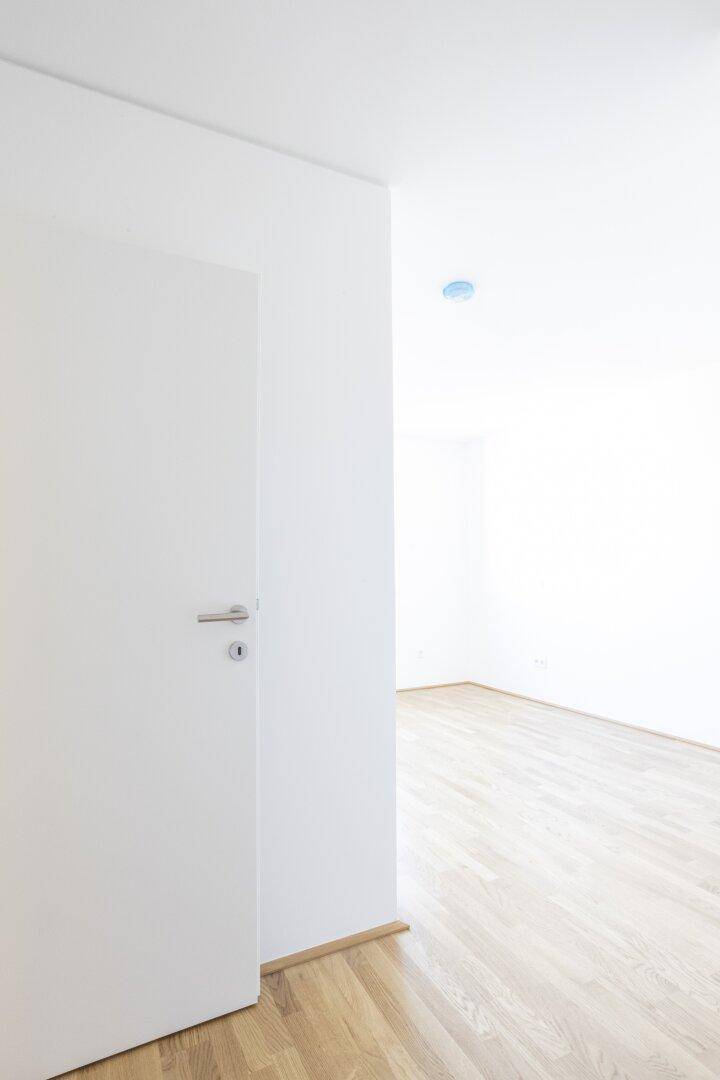 Weißer Flur mit Holzboden und einer modernen weißen Tür, die zu einem weiteren Raum führt.