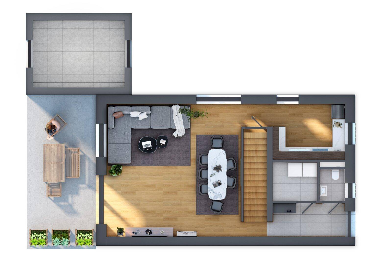 Grundriss des Erdgeschosses mit offenem Wohnbereich, Küche, Esszimmer und großer Terrasse.