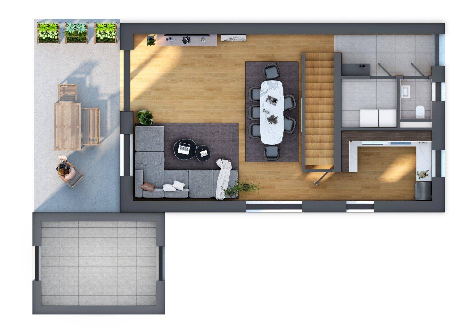 Grundriss des Erdgeschosses mit offenem Wohnbereich, Küche, Esszimmer und großer Terrasse.