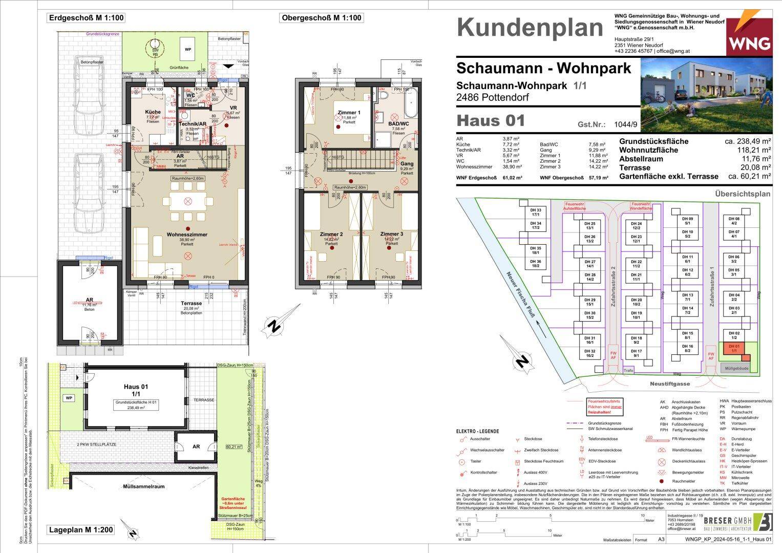 Kundenplan mit Grundrissen des Erd- und Obergeschosses sowie einem Lageplan der Wohnanlage.
