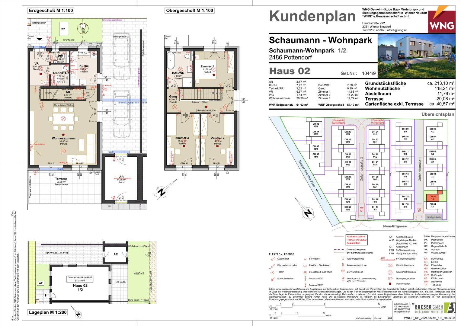 Detaillierter Kundenplan mit Grundrissen des Erd- und Obergeschosses sowie Lageplan und Legende.