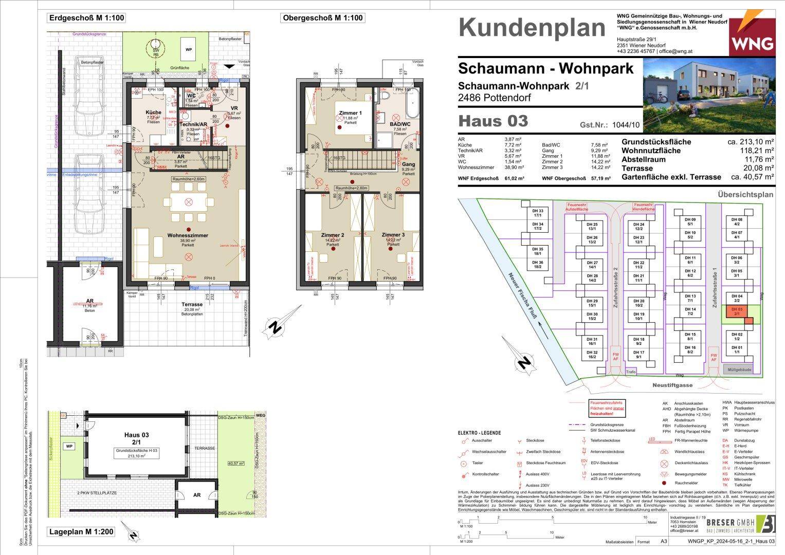 Umfassender Kundenplan mit Erdgeschoss-, Obergeschoss- und Lageplänen sowie weiteren Details zum Wohnpark.