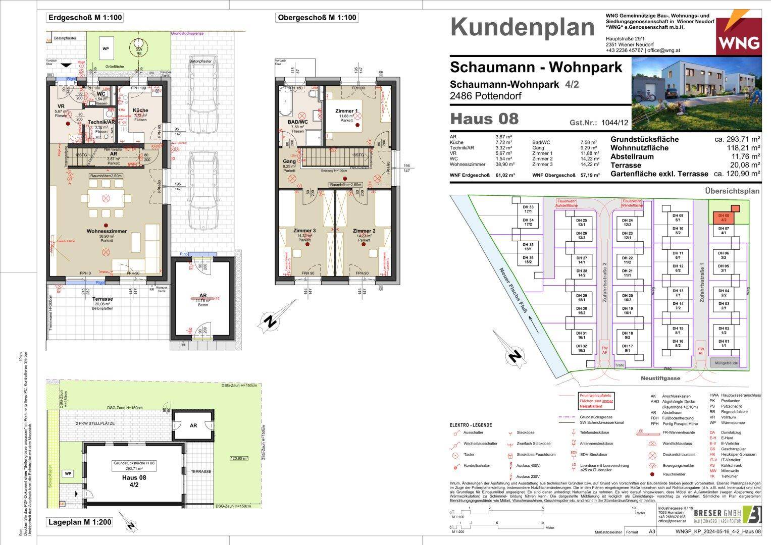 Übersichtlicher Kundenplan mit Grundrissen von Erd- und Obergeschoss sowie Lageplan und Legende.