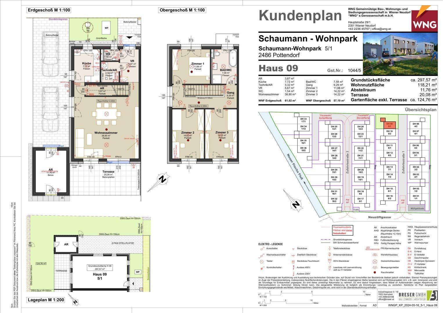 Offizieller Kundenplan mit Grundrissen des Erd- und Obergeschosses sowie Lageplan und weiteren Details.