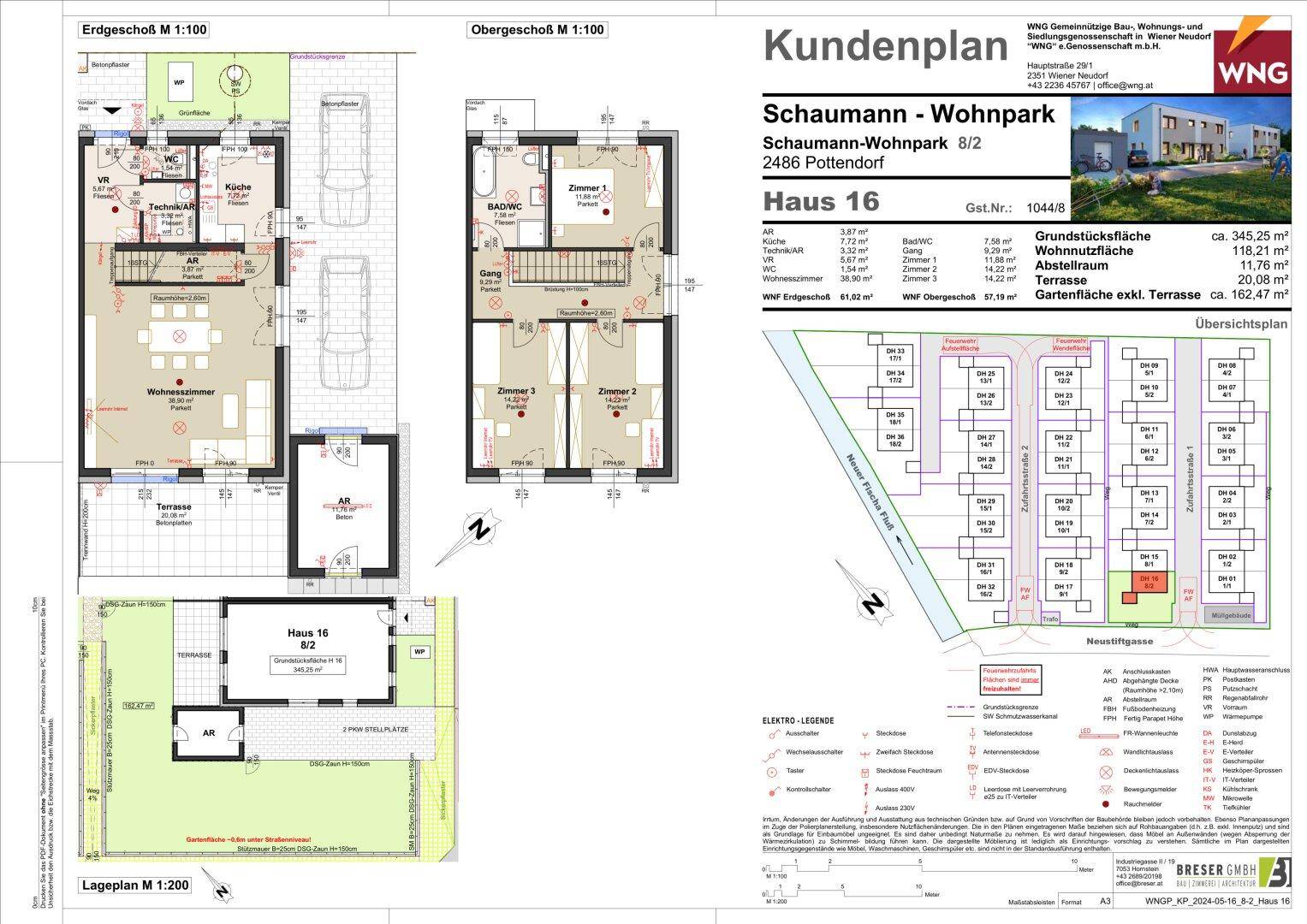 Detaillierter Kundenplan mit Grundrissen des Erd- und Obergeschosses, Lageplan und Legende.
