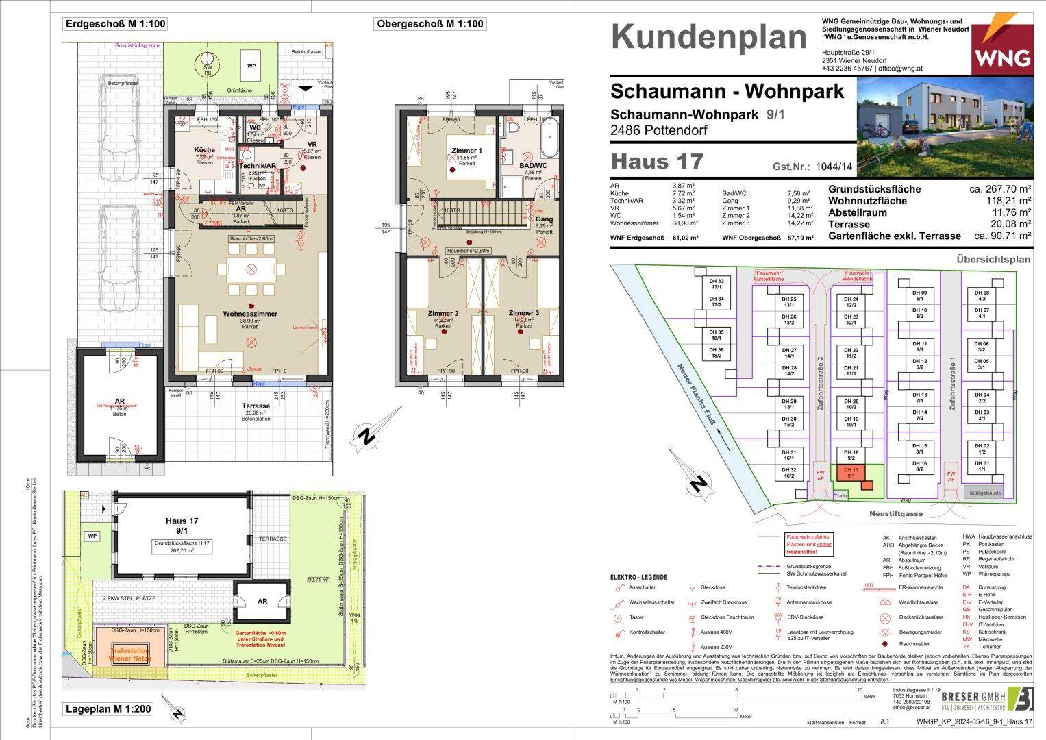 Detaillierter Kundenplan mit Grundrissen des Erd- und Obergeschosses sowie Lageplan und Legende.