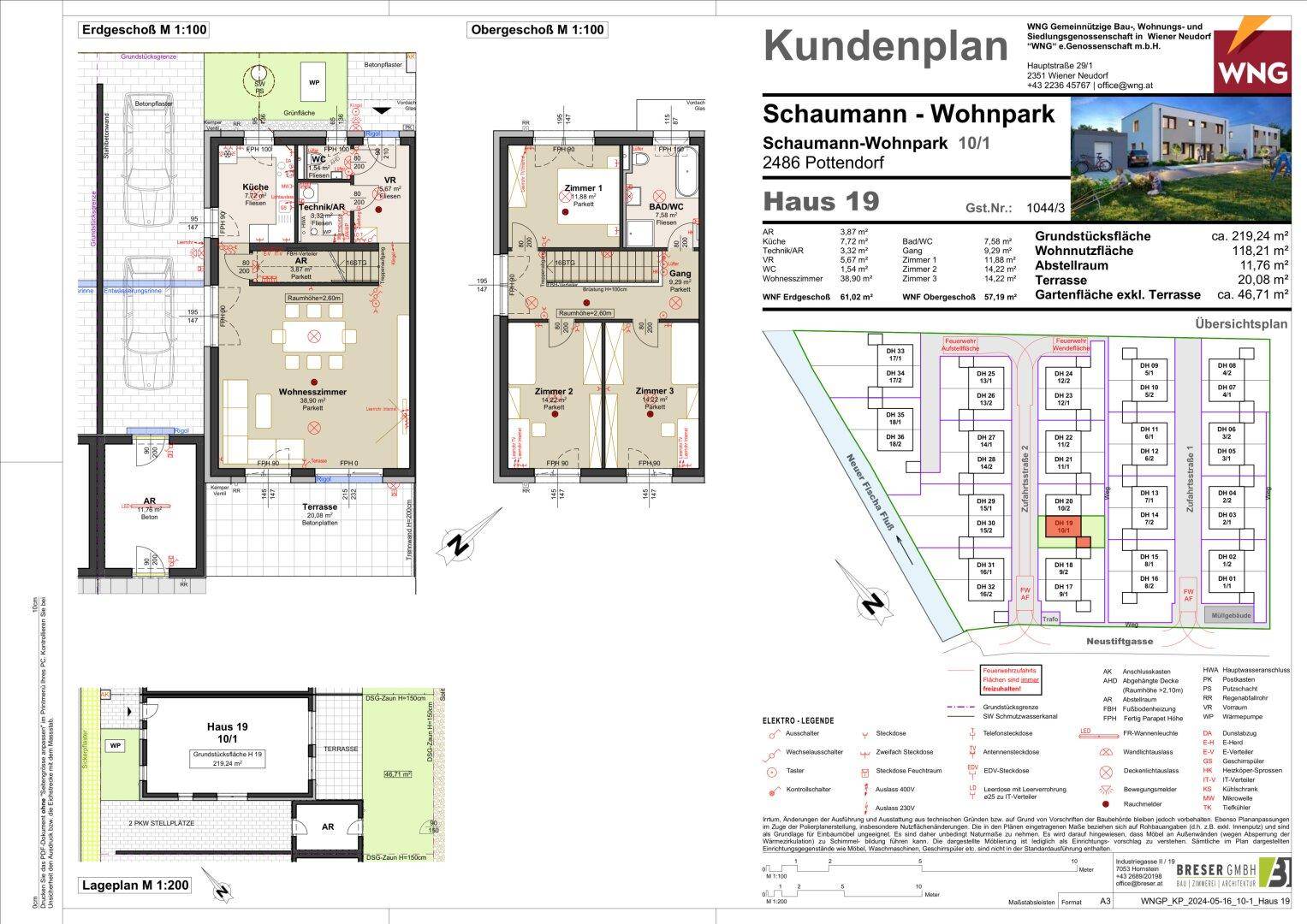 Detaillierter Kundenplan mit Grundrissen des Erd- und Obergeschosses sowie einem Übersichtsplan der Anlage.