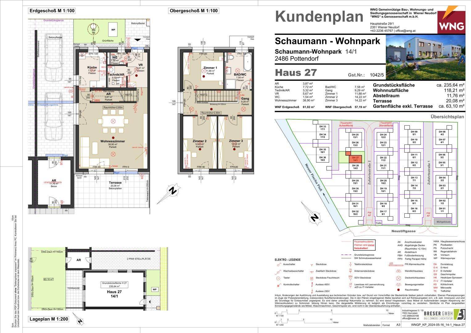 Gesamtübersicht mit Grundrissen von Erd- und Obergeschoss, Lageplan und weiteren Details zum Neubau.