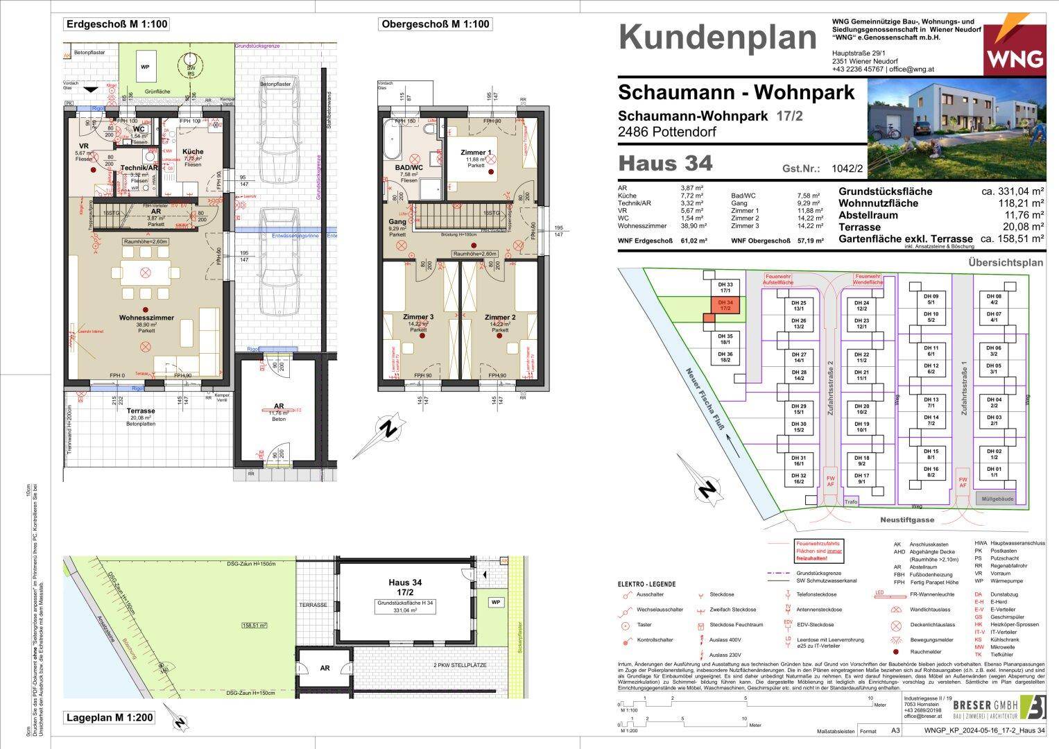Detaillierter Kundenplan mit Grundrissen des Erd- und Obergeschosses sowie Lageplan und Übersicht.