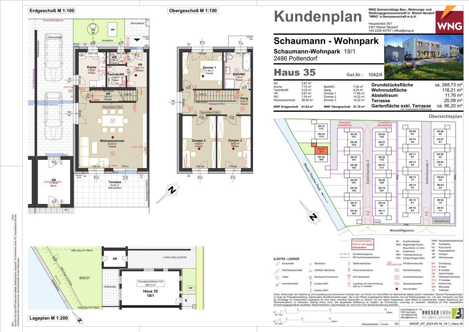 Übersichtsplan mit Erdgeschoss- und Obergeschossgrundrissen sowie Lageplan des Wohnparks.