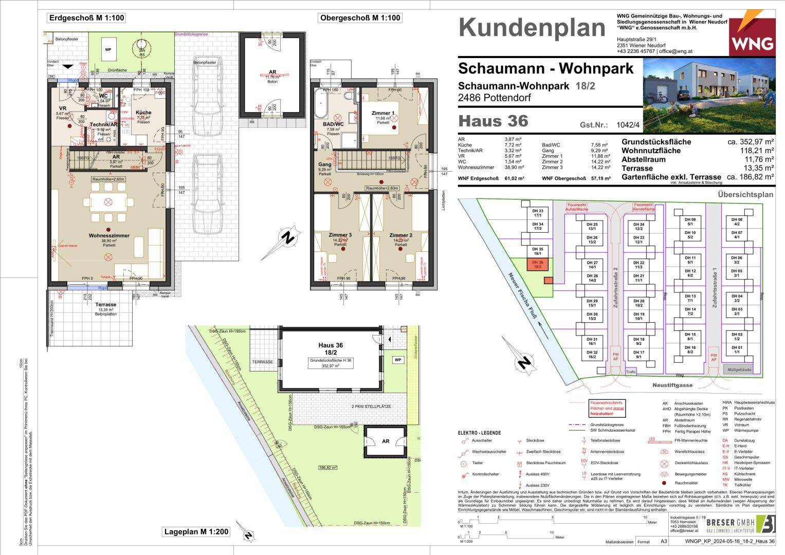Kundenplan für ein Reihenhaus mit Erd- und Obergeschoss, Terrasse, Garten und Stellplätzen in einem Neubaugebiet.