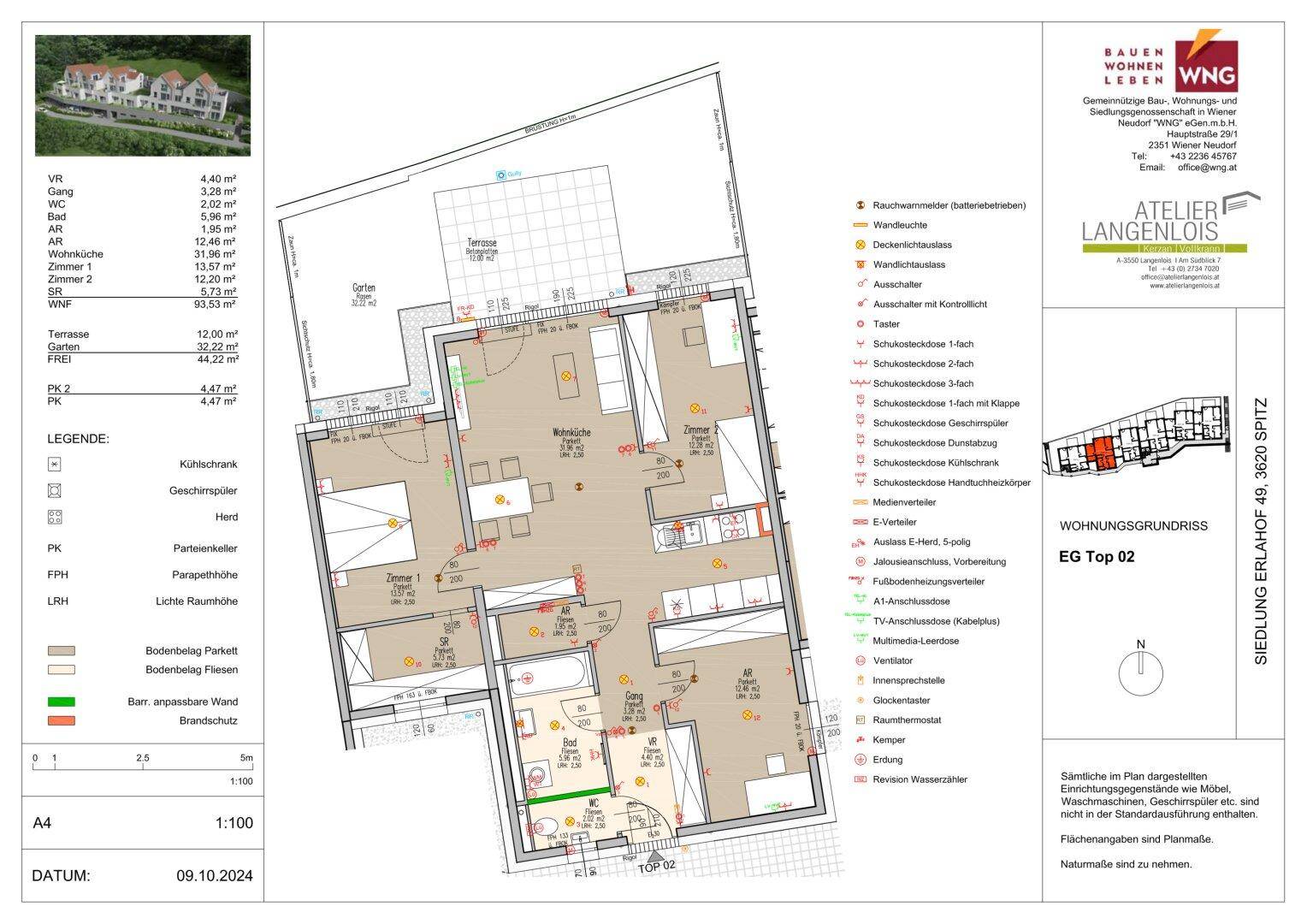 Detaillierter Grundriss einer Erdgeschosswohnung mit Terrasse und Gartenanteil.