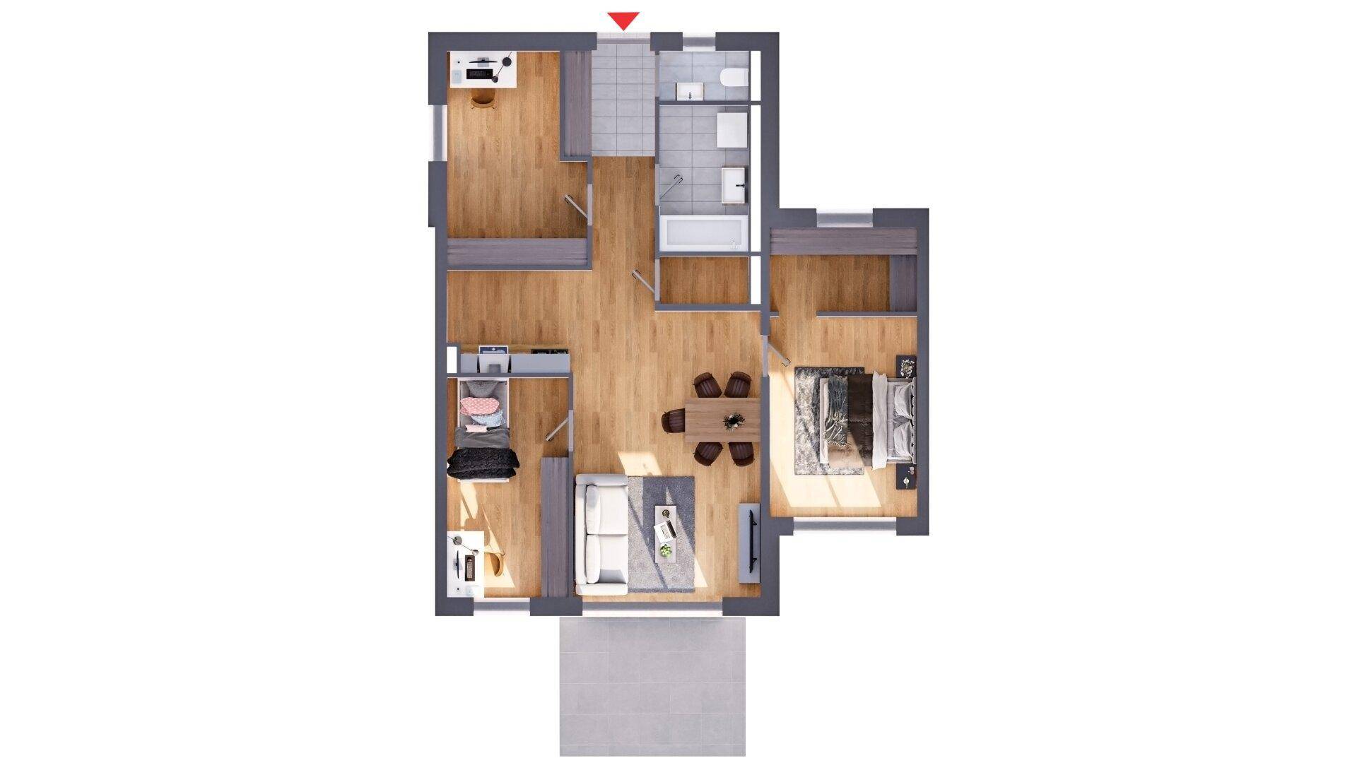 Möblierter Grundriss einer Wohnung mit offenem Wohnbereich und mehreren Zimmern.