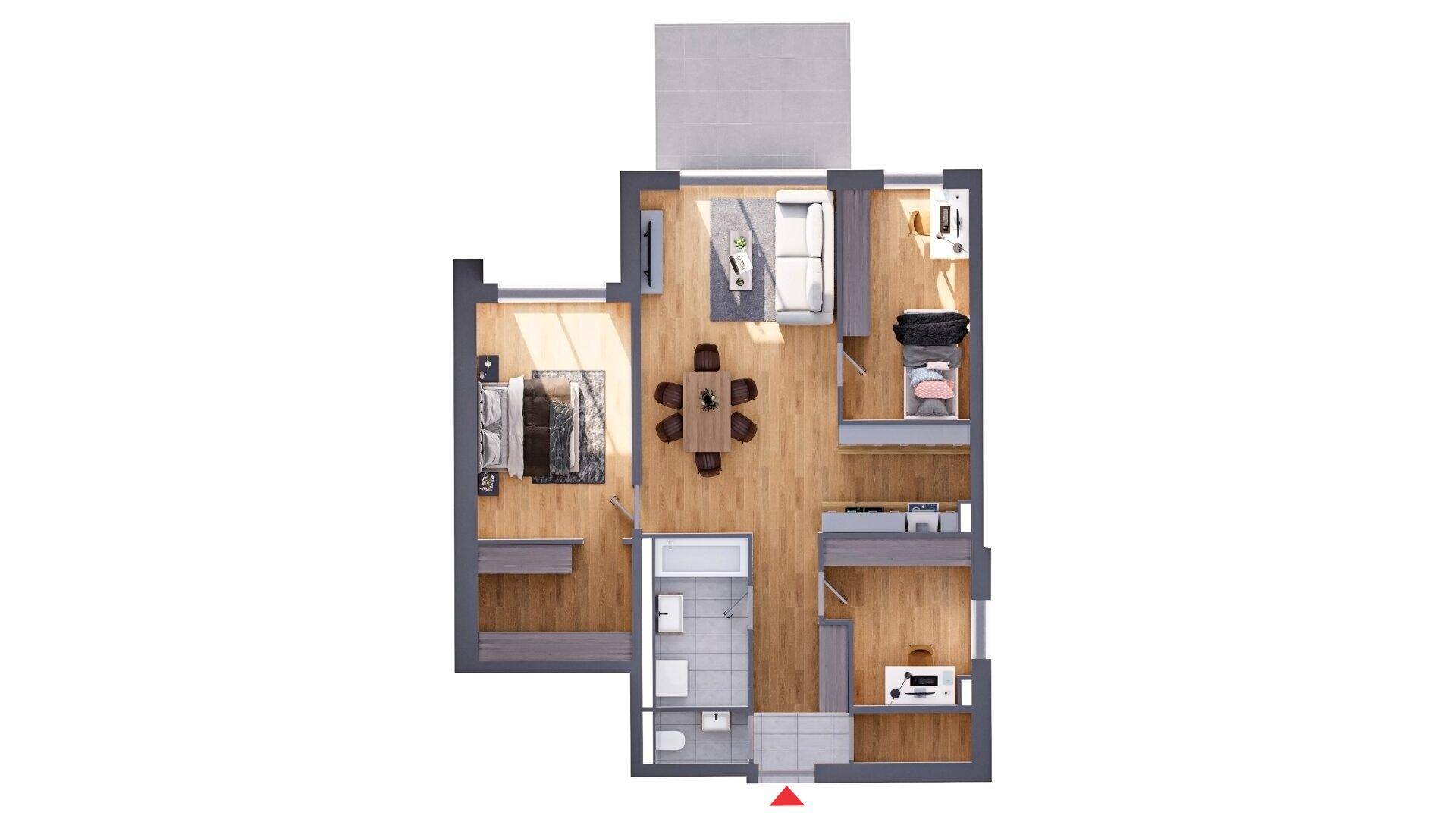 Detaillierter Grundriss einer Wohnung mit offenem Wohnbereich und Terrasse.