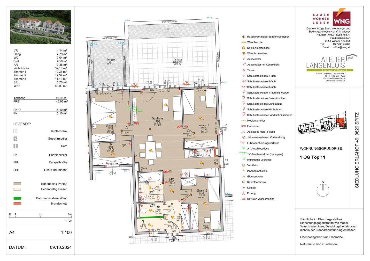 Detaillierter Grundriss einer Wohnung im Obergeschoss mit mehreren Zimmern und großer Terrasse.