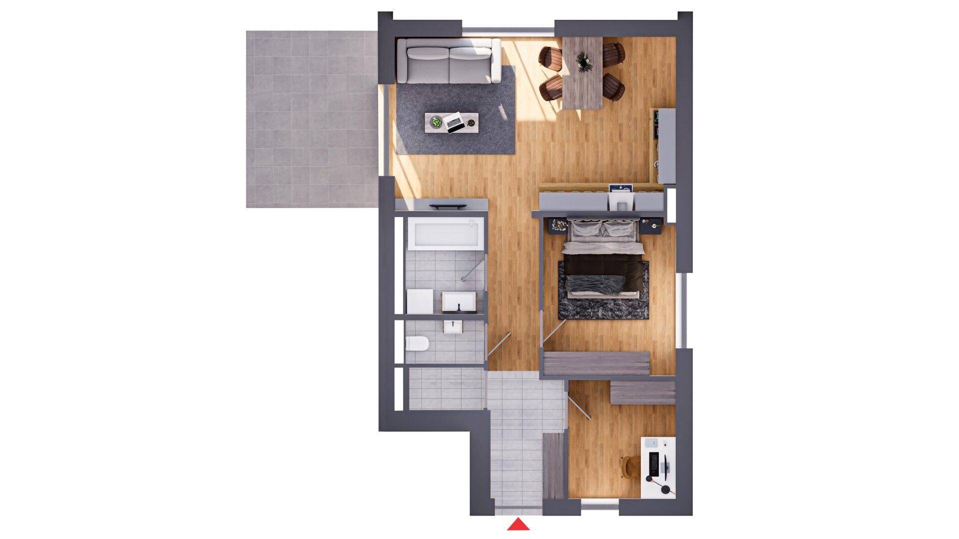 Detaillierter Grundriss einer Wohnung mit Terrasse, Schlafzimmer, Bad und offenem Wohnbereich.