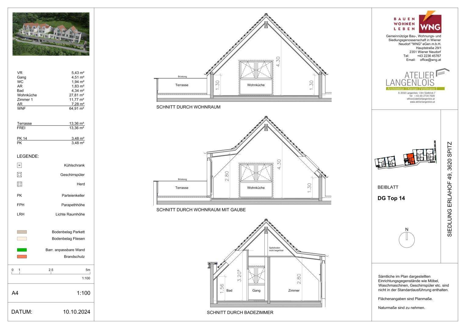 Architektonische Schnitte durch Wohnraum und Badezimmer einer Dachgeschosswohnung mit Terrasse.