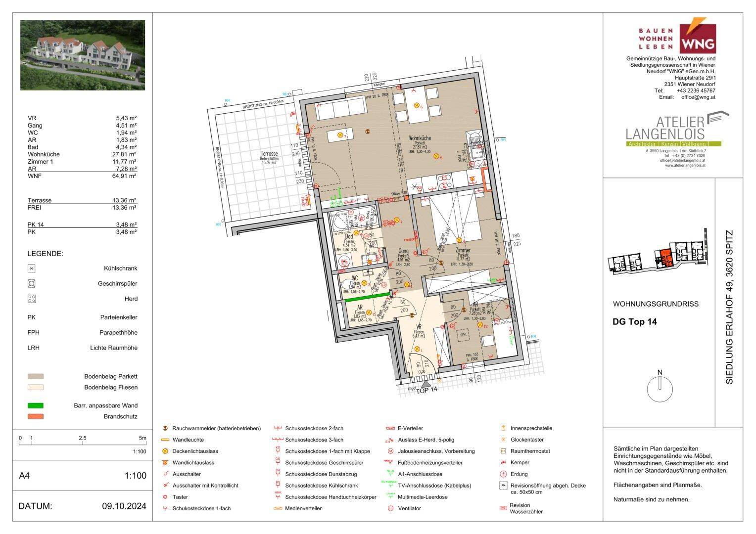 Detaillierter Grundriss einer Dachgeschosswohnung mit Terrasse, Schlafzimmer, Bad und offenem Wohnbereich.
