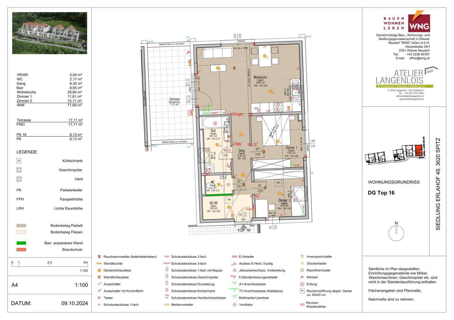 Detaillierter Grundriss einer Dachgeschosswohnung mit Terrasse und offenem Wohnbereich.