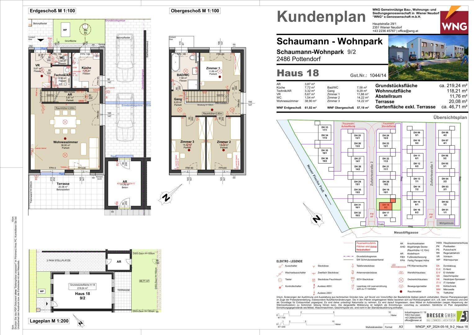 Detaillierter Kundenplan mit Grundrissen für Erd- und Obergeschoss, Lageplan und Übersicht des Wohnparks.